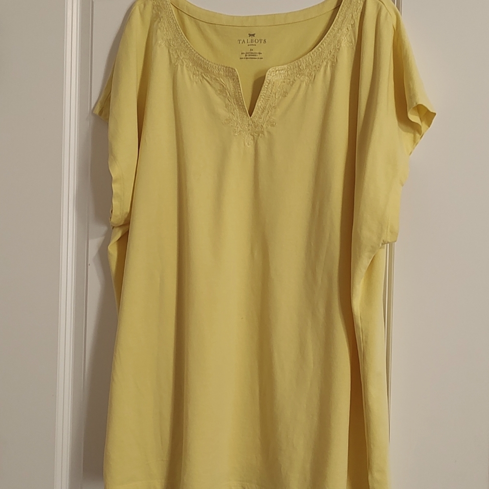 Talbot's cap sleeve tee shirt with embroidered v-neckline.
